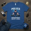 Police Department Protect & Serve t-shirt with cartoon pig officer in uniform, two police cars, and cityscape background