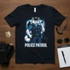 POLICE PATROL t-shirt design with a cartoon fox in a police uniform holding a radio
