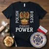 T-shirt design featuring the text "POLISH ROOTS PIEROGI POWER" with an eagle graphic and a basket of pierogi
