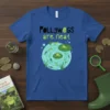 Pollywogs are neat text with cartoon tadpoles and frogs in a pond on a blue t-shirt