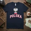 Navy blue t-shirt with "POLSKA" text, Polish flag, and white eagle graphic, representing Poland