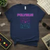 Polybius text and eye graphic on navy blue t-shirt, inspired by retro arcade games and conspiracy theories