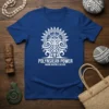 Polynesian Power Maori Inspired Design T-Shirt with white tribal art and text on a royal blue tee