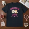 Pomeranian Love t-shirt design with two fluffy Pomeranian dogs inside a heart, pink text, and arrows