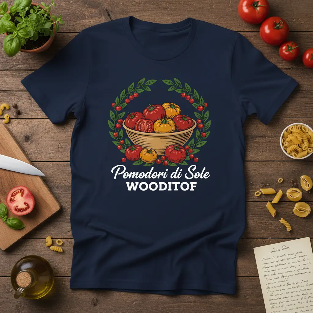 Pomodori di Sole WOODITOF Italian text and tomato harvest graphic on a navy blue t-shirt