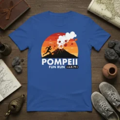 Pompeii Fun Run A.D.79 t-shirt design featuring a runner escaping a volcanic eruption graphic