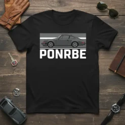 Black t-shirt with a grey vintage Porsche 911 silhouette and the word PONRBE in large white block letters