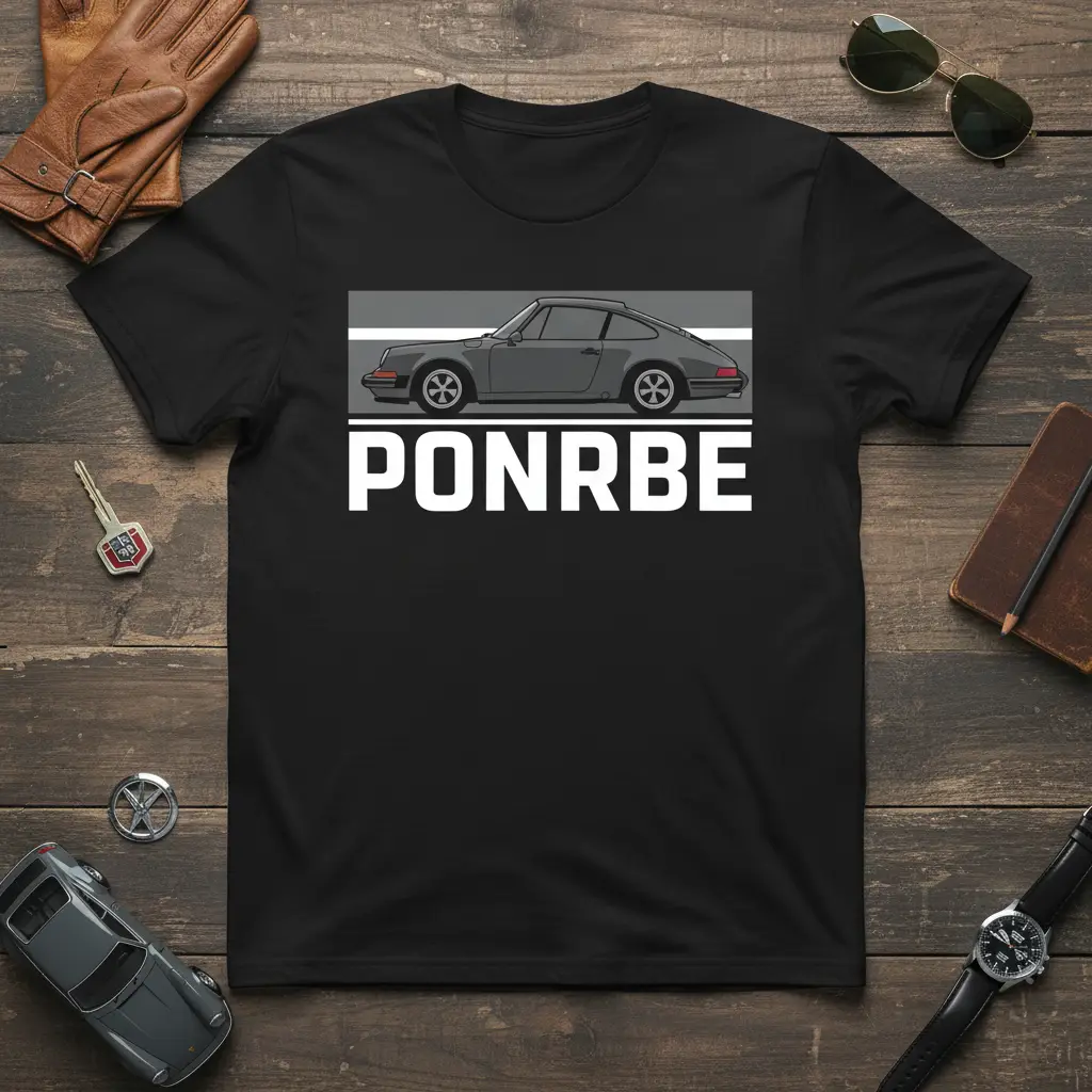 Grey vintage Porsche 911 silhouette graphic with white PONRBE text on a black t-shirt