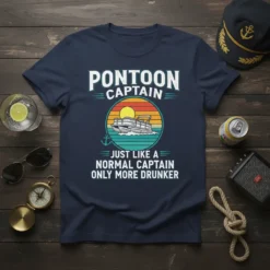 Pontoon Captain Just Like A Normal Captain Only More Drunker t-shirt with a graphic of a pontoon boat at sunset