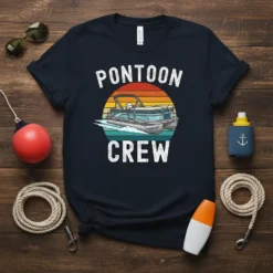 Pontoon Crew t-shirt design featuring a pontoon boat sailing across water against a retro sunset
