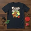 Poopity Scoop funny dog t-shirt design featuring a cartoon golden retriever with a red cape holding a blue scoop over