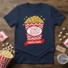 Navy t-shirt with a cartoon popcorn box graphic that says "Pop Corn Freshly Made"