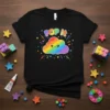 POP it rainbow cloud design on a black t-shirt with colorful stars and confetti