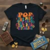 Retro graphic t-shirt with bold text "POP THE MAN THE MYTH THE BAD INFLUENCE" in vibrant colors and gears
