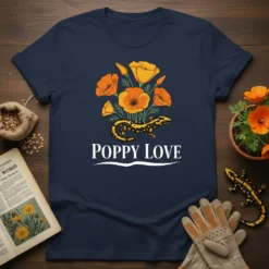Poppy Love t-shirt design featuring a black and yellow salamander with orange poppies and wavy white text