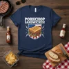 Porkchop Sandwiches! text design on navy t-shirt with grilled sandwich graphic and American flag shield