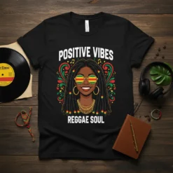 Positive Vibes Reggae Soul t-shirt featuring a Black woman with dreadlocks, sunglasses, and musical notes