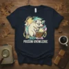 Possum Knowledge T-Shirt featuring a cartoon possum wearing glasses reading a book, with colorful abstract background