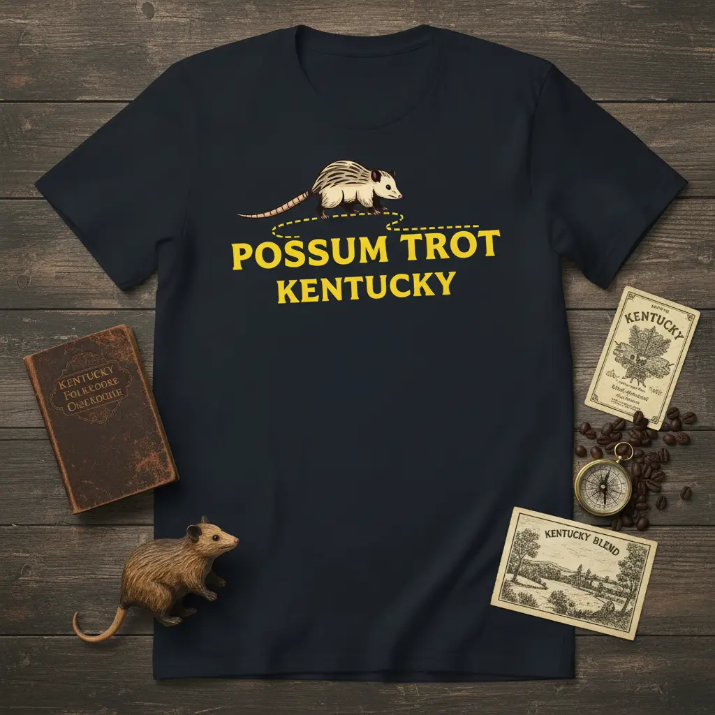 Possum Trot Kentucky design with a running possum and yellow text, ideal for Kentucky lovers