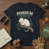 Possum Whisperer t-shirt design featuring a cute opossum sitting on a tree branch with stars and moon graphic