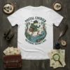 Postal Courier Delivering Nature's Mail t-shirt design featuring a frog mail carrier on water with envelopes and butterflies