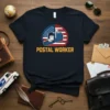 POSTAL WORKER t-shirt design with an American flag mailbox graphic and bold text