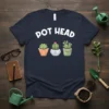 Navy t-shirt with white "POT HEAD" text and three potted succulents and cacti illustration