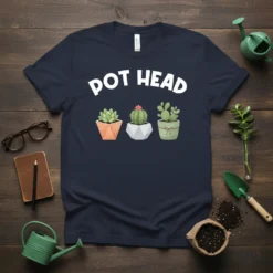 Navy t-shirt with white "POT HEAD" text and three potted succulents and cacti illustration