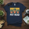 Pot Head t-shirt design featuring three smiling succulents in pots wearing sunglasses, with bold text POT HEAD below