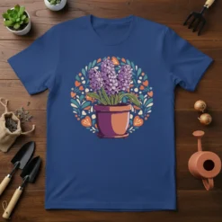 Potted hyacinth flower design with decorative circular pattern of hearts and leaves, botanical spring bloom theme