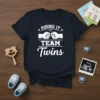 Navy t-shirt with white text "Pound It Team Twins" and graphic of two fists bumping, ideal for twin announcements