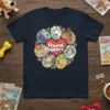 Pound Puppies t-shirt featuring a circle of cartoon dogs around the "Pound Puppies" logo, set against a dark navy background