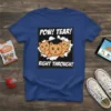 POW! TEAR! RIGHT THROUGH! text with three cute orange kittens bursting through a black frame graphic on a blue t-shirt