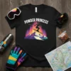 Powder Princess text above a skier silhouette mid-air over mountains with vibrant aurora borealis background, black t-shirt design