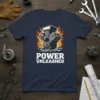POWER UNLEASHED text with a powerful V8 engine graphic and flames on a navy blue t-shirt