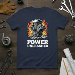 POWER UNLEASHED text with a powerful V8 engine graphic and flames on a navy blue t-shirt