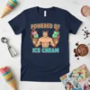 Navy t-shirt featuring the text "POWERED BY ICE CREAM" with a muscular man holding two ice cream cones