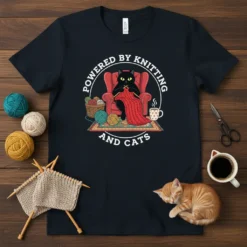 Black t-shirt with "Powered By Knitting And Cats" text around a black cat knitting, surrounded by yarn balls