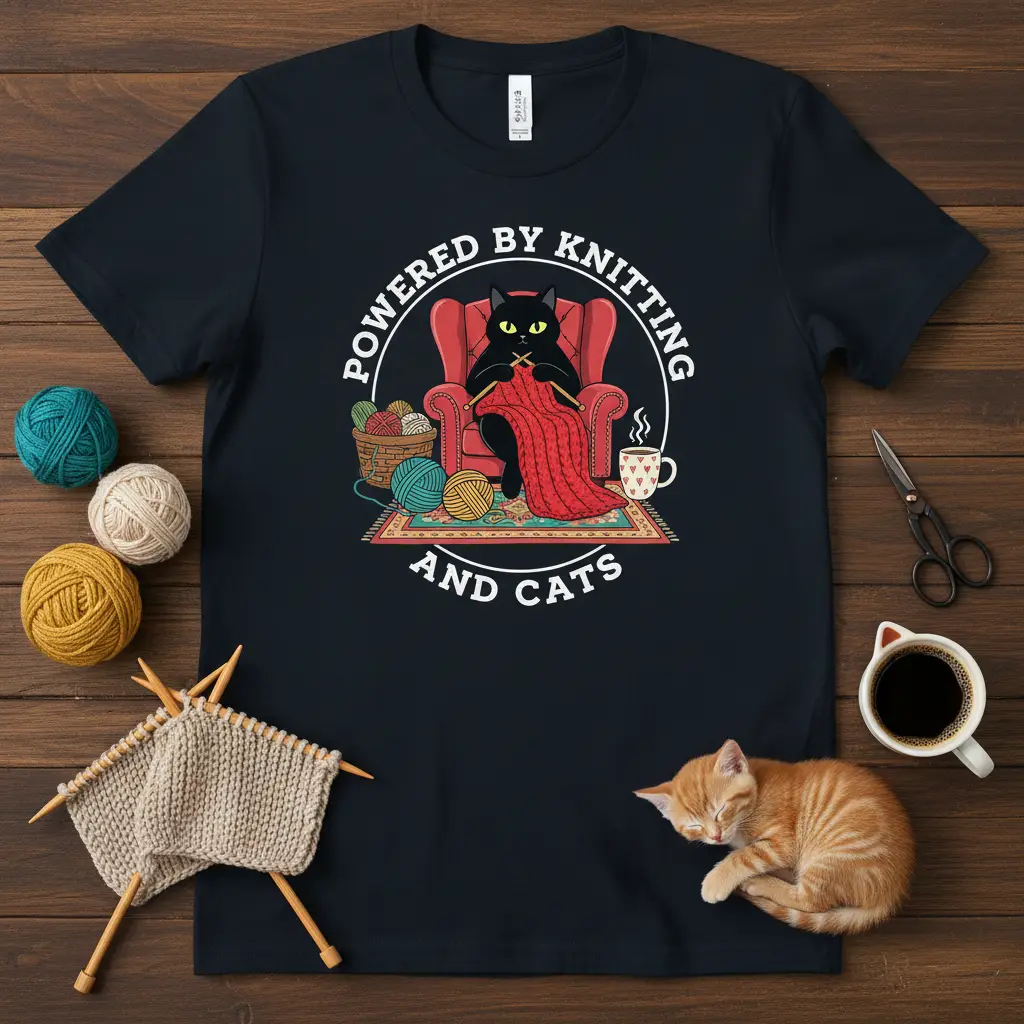 Powered by Knitting and Cats T-Shirt | Cozy Crafter Gift