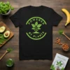 Black t-shirt with bright green circular design featuring the text "POWERED BY PLANTS" and a seedling graphic