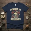 T-shirt with "Powered By Sardines" text and a muscular fish flexing biceps, representing strength and humor