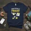 Practically Friday t-shirt with alarm clock, calendar, coffee cup, and office supplies graphic