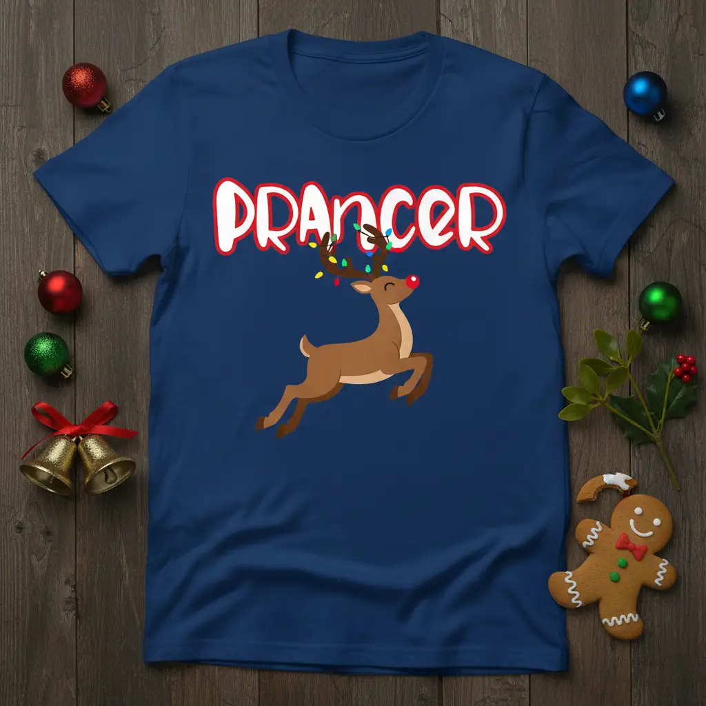 Christmas Prancer reindeer t-shirt design with festive lights on antlers and bold text