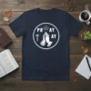 Navy t-shirt with white circular graphic featuring praying hands and the words PRAY AY PRAY AY with a cross
