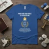 Blue t-shirt with "Pray for the Peace of Jerusalem" text, a torch, Star of David, and Isaiah 62:1-12 Bible verse