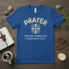 Blue t-shirt with "PRAYER FREE WIFI CONNECTION 1 THESSALONIANS 5:16-17" text and a cross graphic