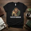 Prayer Warrior t-shirt with a lion graphic, cross, and laurel wreath on a black tee