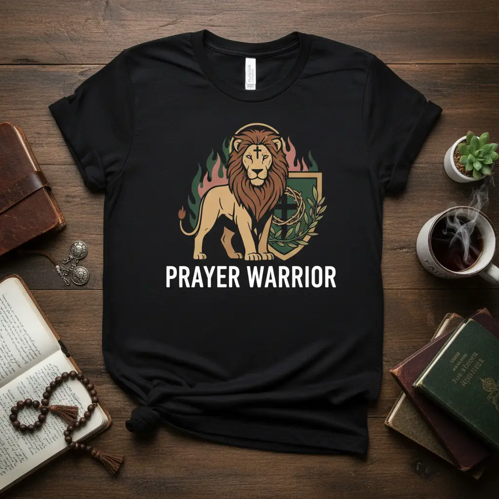 Prayer Warrior t-shirt featuring a lion, cross, and spiritual symbols in vibrant colors