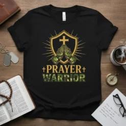 + Prayer + Warrior T-Shirt with praying hands and cross graphic, camouflage text for Christian faith apparel