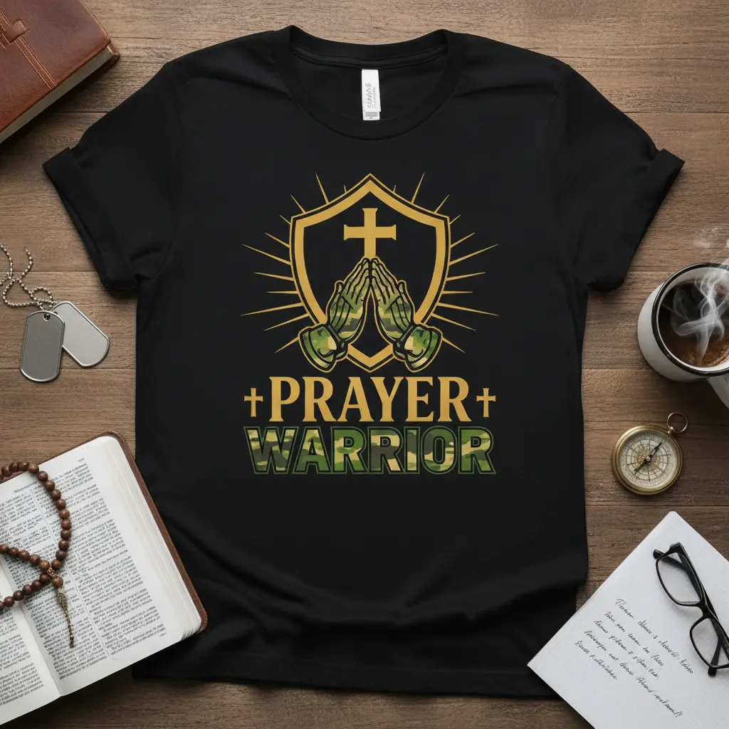 + Prayer + Warrior text with shield, cross, and praying hands graphic on black t-shirt